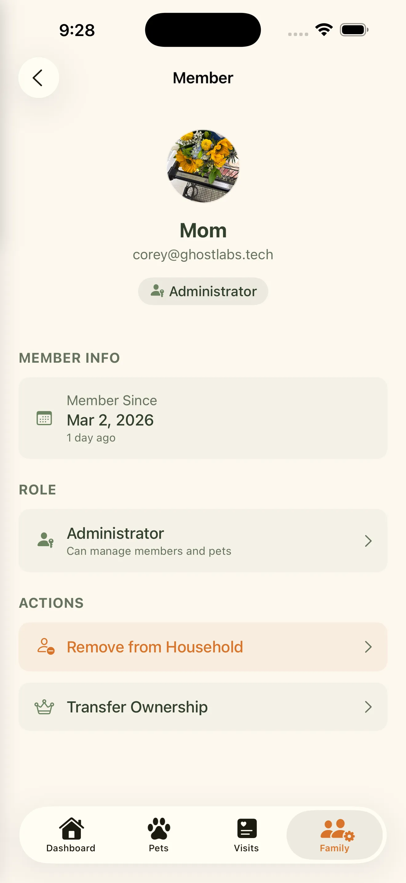 Everkin member detail view showing user info, role, join date, and management options