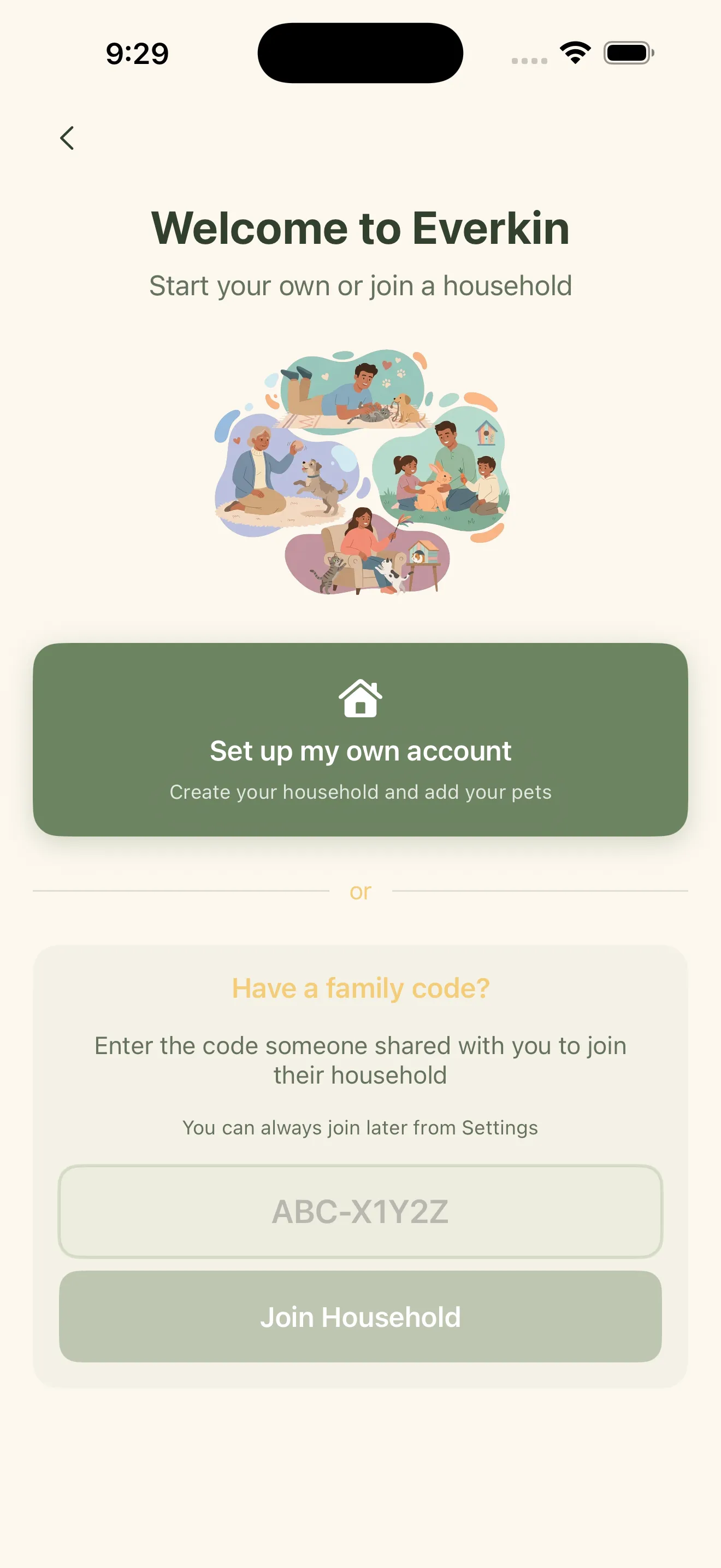Everkin onboarding screen with Join Existing Household option and invite code entry