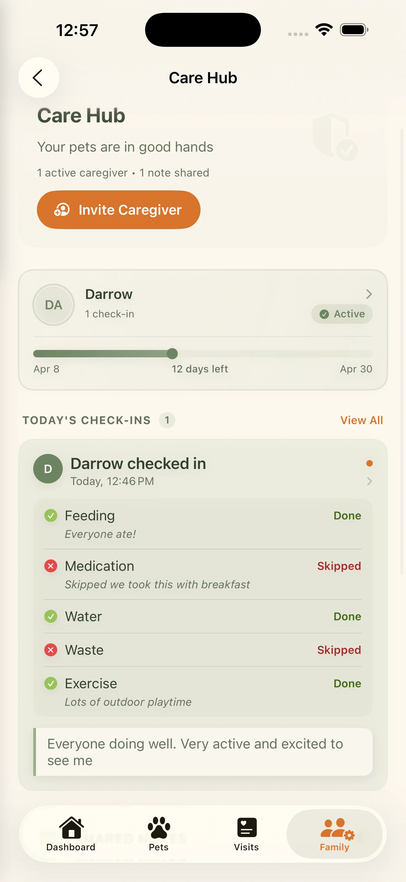 Everkin Care Hub showing caregiver access controls and shared pet details