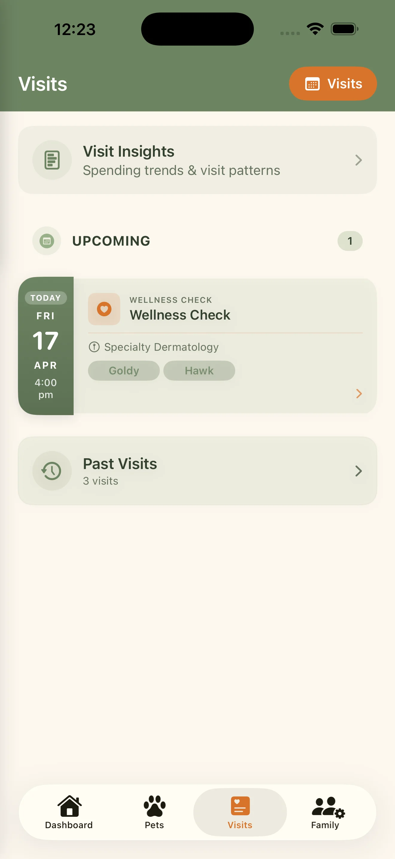 Everkin visits list showing centralized vet appointment history